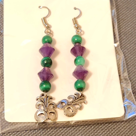 Jade and Amythest Mardi Gras Earrings - Picture 1 of 1